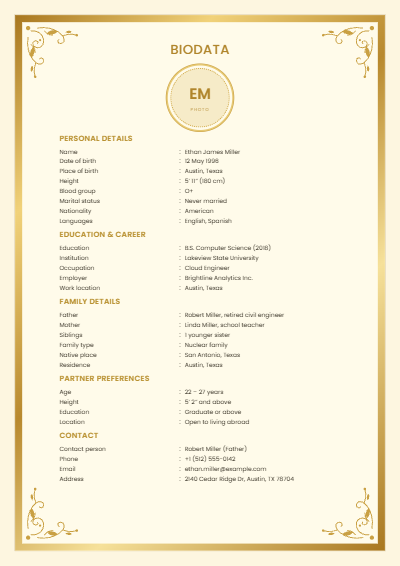 Royal Gold Frame biodata design