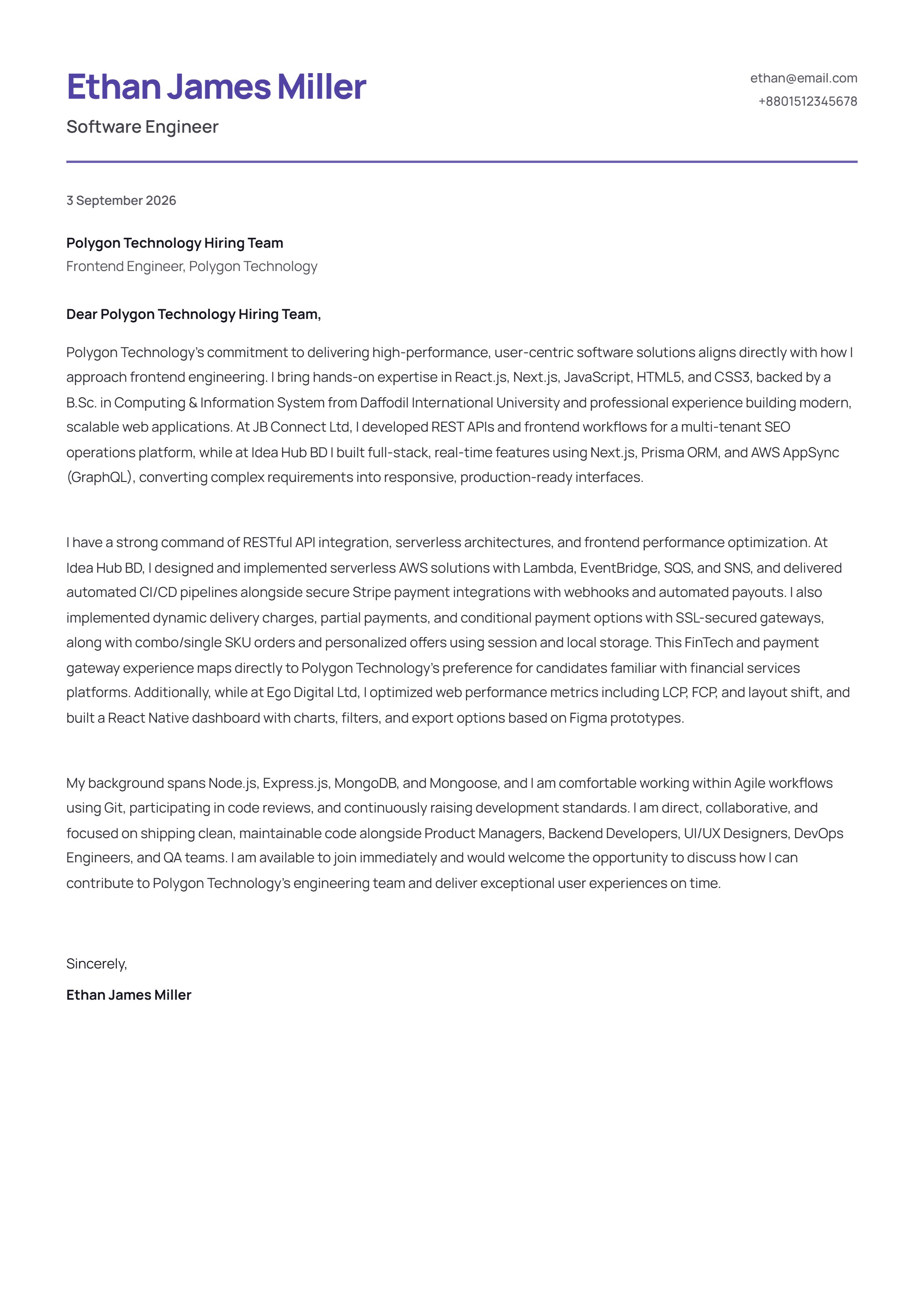Cover letter example for Ethan James Miller