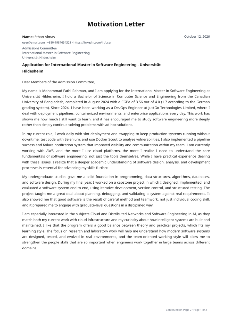 Motivation letter example